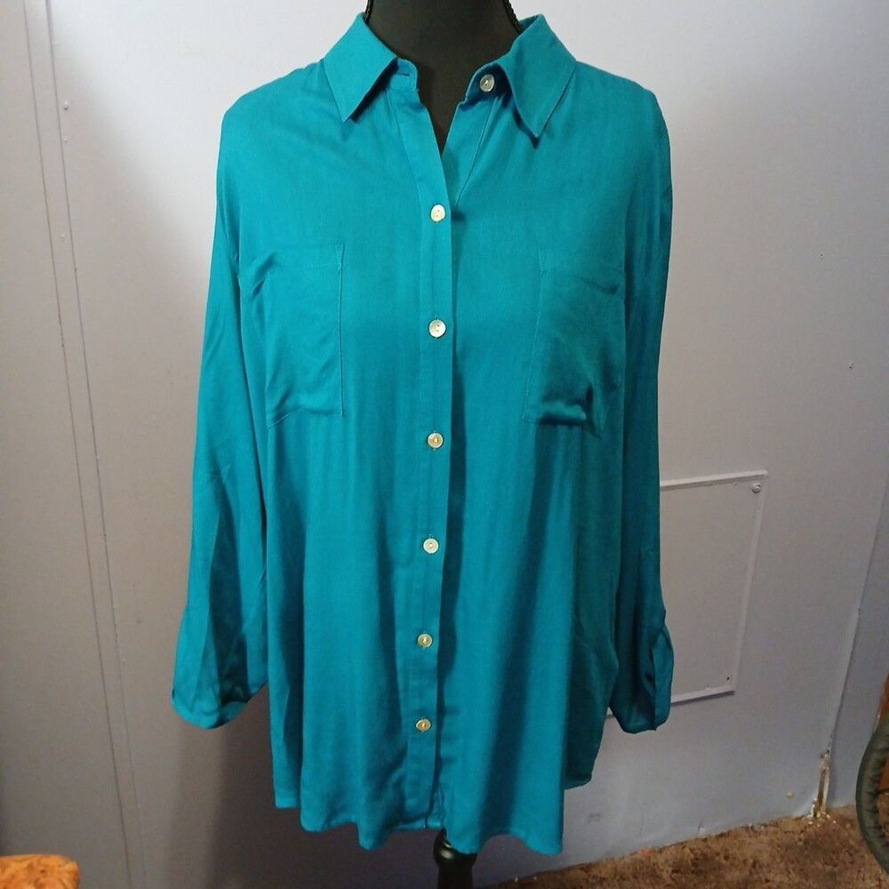 CHICO'S Size 2(US Size L)Womens Teal Collared Pocket Roll Tab  Shirt Y2K,career,